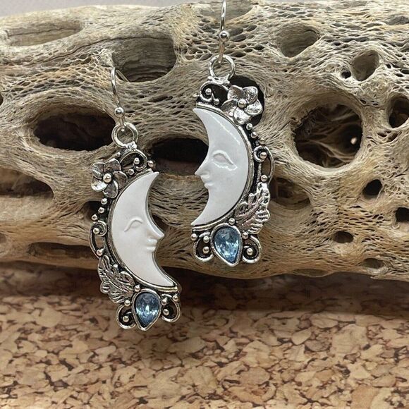 Celestial Moon Stars Blue Rhinestones Fancy Earrings Southwest Western Bohemian - Picture 4 of 6